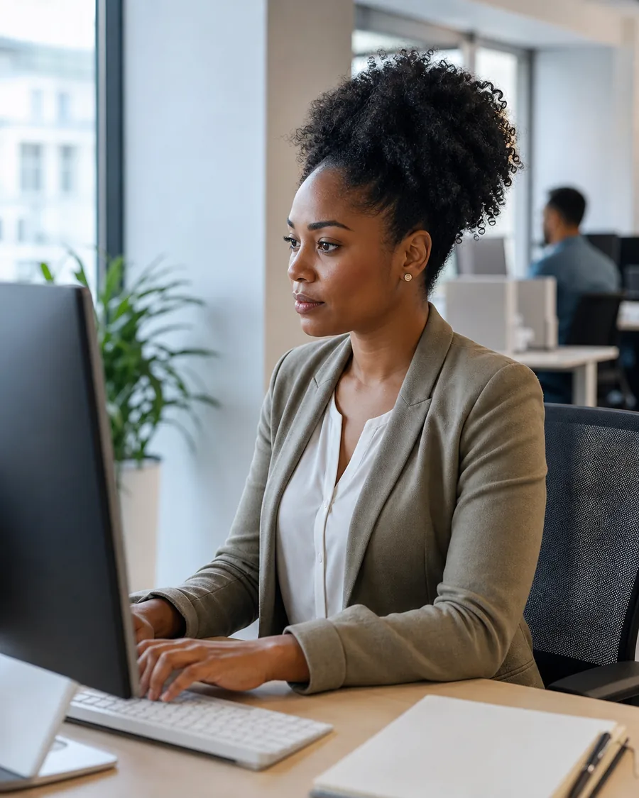 An employer reviewing information at a computer
