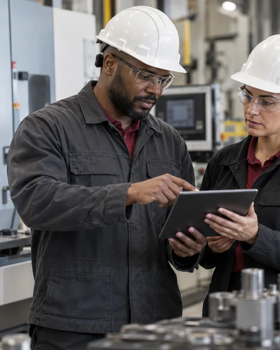 Manufacturing professionals reviewing production information on a clean factory floor.
